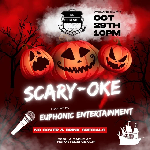 The spookiest time of year is here, even our Karaoke is haunted for a night 👻 🎃 Wednesday Oct 29th Sing all your favirote halloween hits (Non-Halloween songs allowed as well), costumes encouraged, drink specials all night and free to sing!

Hosted by Euphonic Entertainment 10pm-2am 

⚓️Book a reservation today through the link in our bio 🎤
